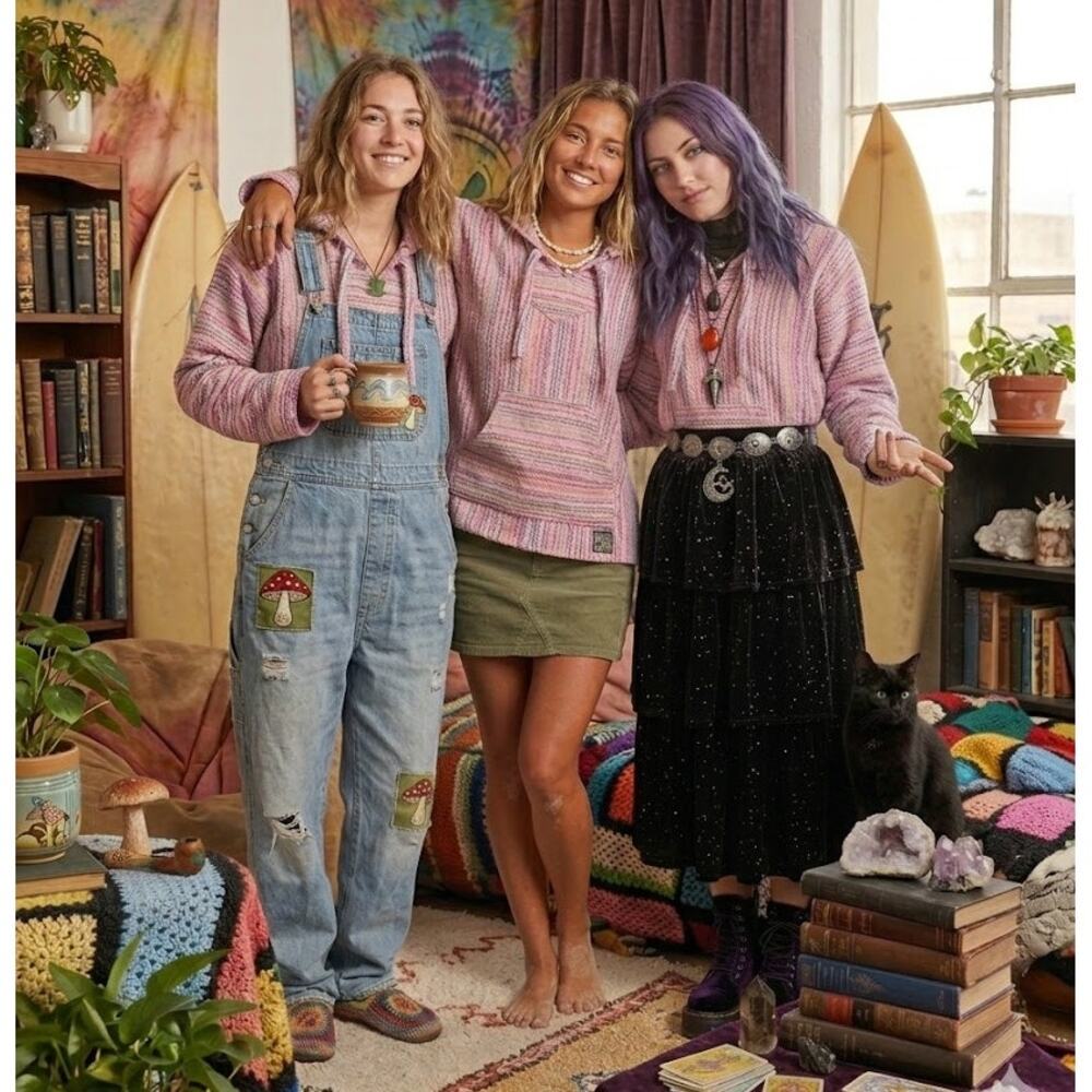 No Bad Days Baja Hoodie Pastel Pink Woven Stripe Surfer Pullover Poncho Size L